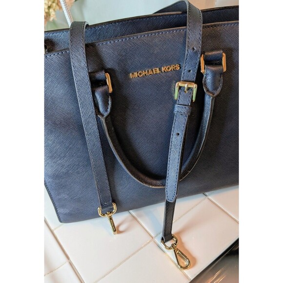 Michael Kors Handbags - Michael Kors Navy Saffiano Leather Tote Satchel Handbag Gold Hardware Strap